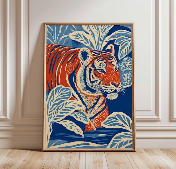 Jungle Tiger Wall Art Print Blue And Orange Tropical Poster Bold Wildlife Artwork Modern Safari Animal Illustration