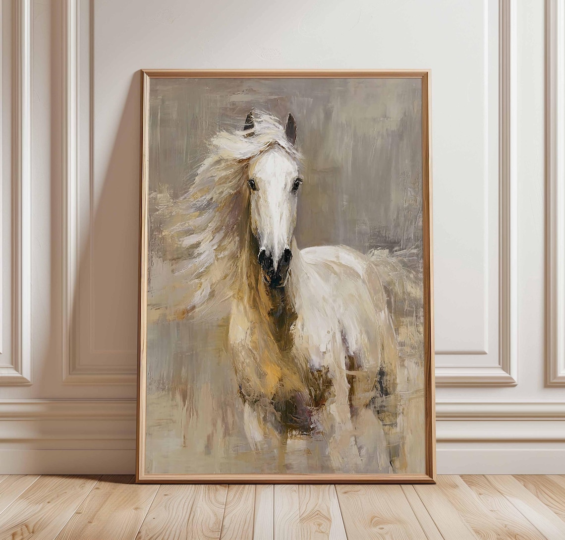 White Horse Abstract Equestrian Art Print, Neutral Decor