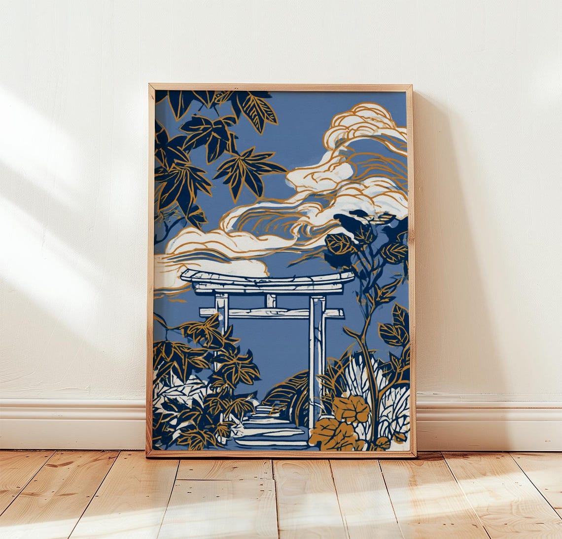 Blue Torii Gate Print Ochre Botanical Wall Art Lithograph Poster