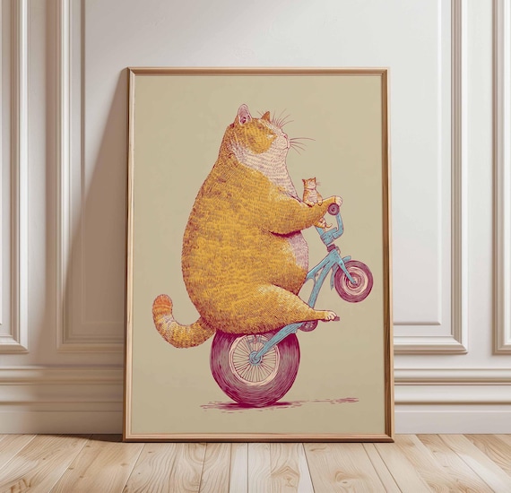 Chubby Orange Tabby Cat Riding Tricycle Funny Whimsical Animal Poster