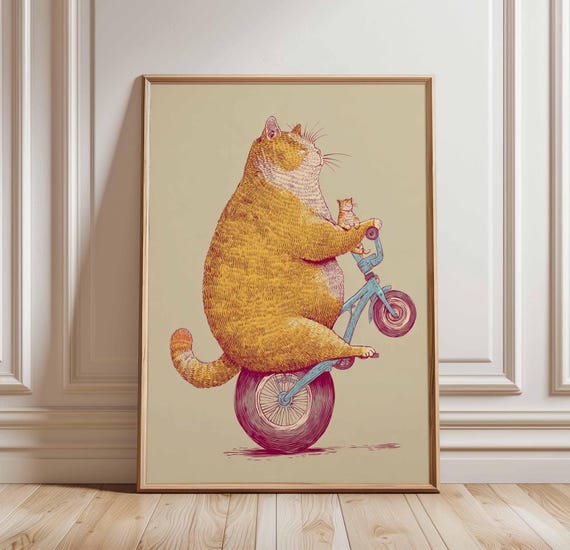 Funny Cat Poster Chubby Wall Art Unicycle Print Whimsical Animal Decor Playful Illustration Orange Riding Bike