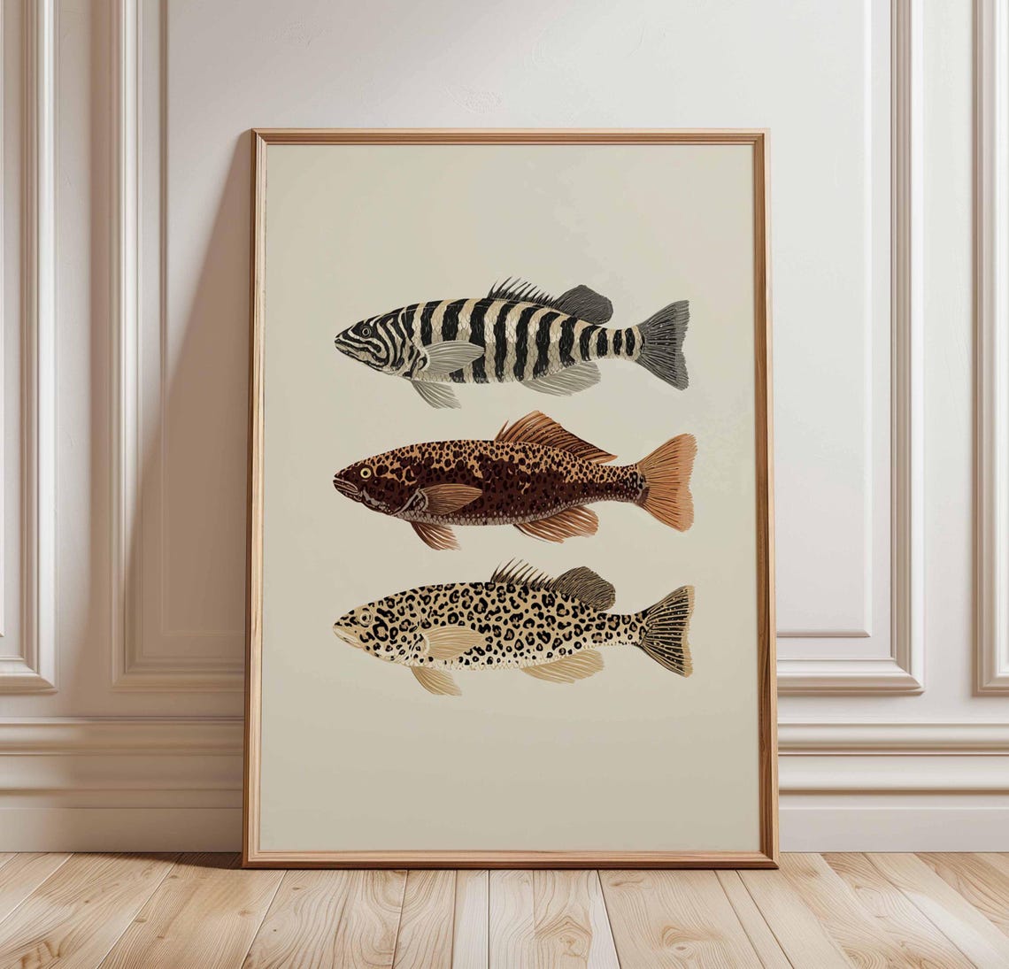 Vintage Tropical Fish Trio Striped Leopard Nautical Art Print