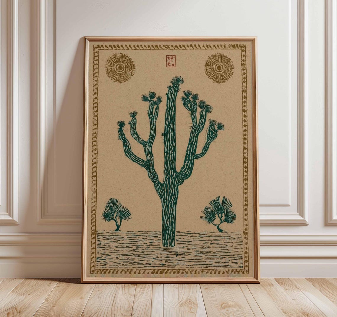 Joshua Tree Desert Cactus Woodblock Style Folk Art Nature Poster