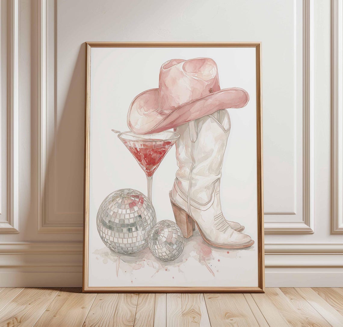 Pink Cowboy Hat Boots Cocktail Disco Balls Watercolor Wall Art