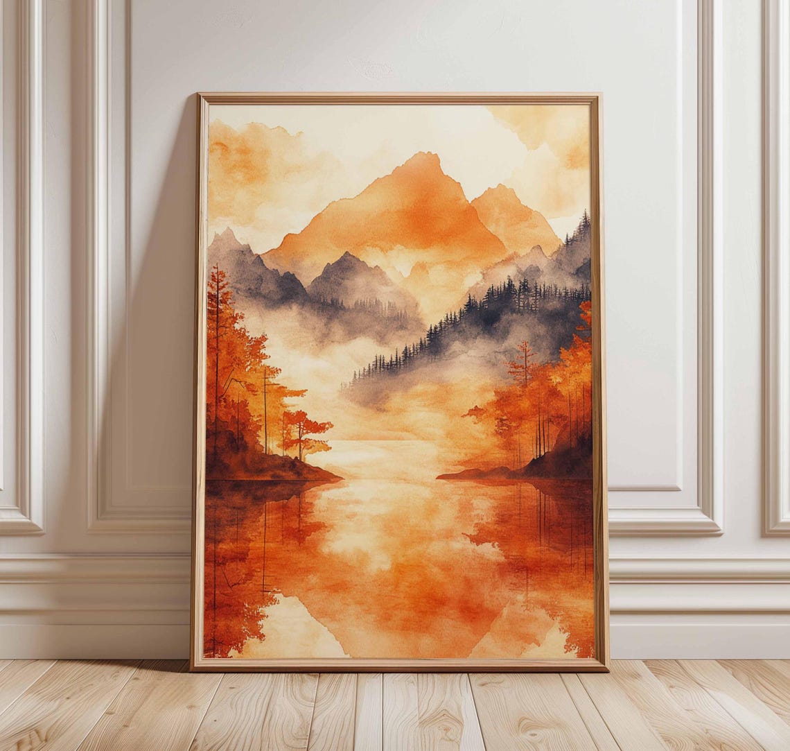 Autumn Mountain Lake Reflection Orange Watercolor Art Poster