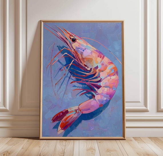 Colorful Shrimp Poster Print Modern Seafood Wall Art Abstract Ocean Animal Painting Coastal Kitchen Decor Bold Nautical
