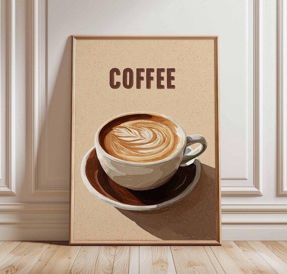 Vintage Coffee Latte Art Poster In Ceramic Cup On Speckled Cream