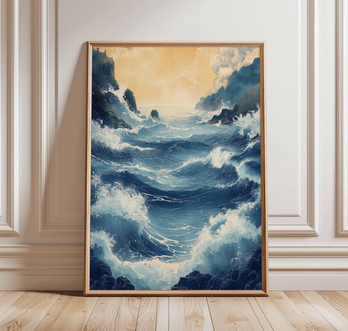 Dramatic Blue Ocean Waves Crashing Over Rocky Cliffs Art Poster