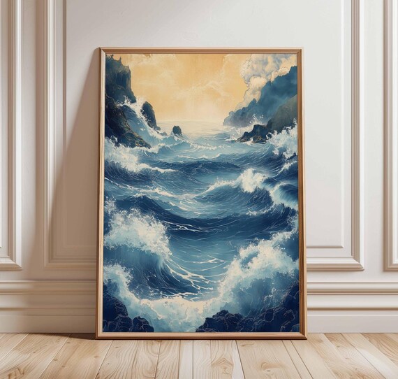 Dramatic Blue Ocean Waves Crashing Over Rocky Cliffs Art Poster