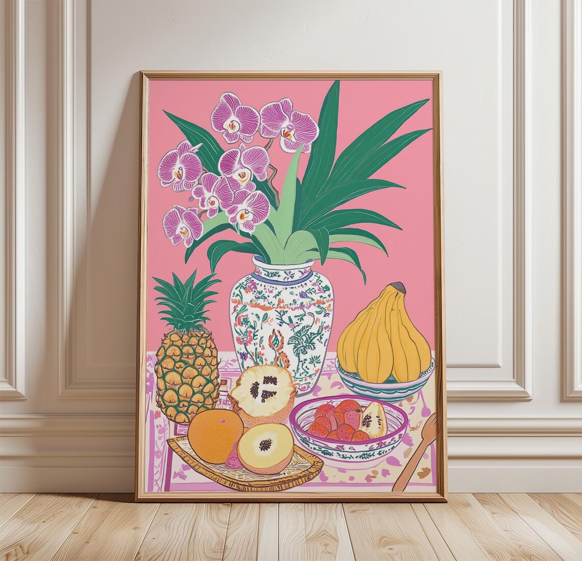 Tropical Fruit Still Life Orchids Pineapple Banana Pink Kitchen Art Poster