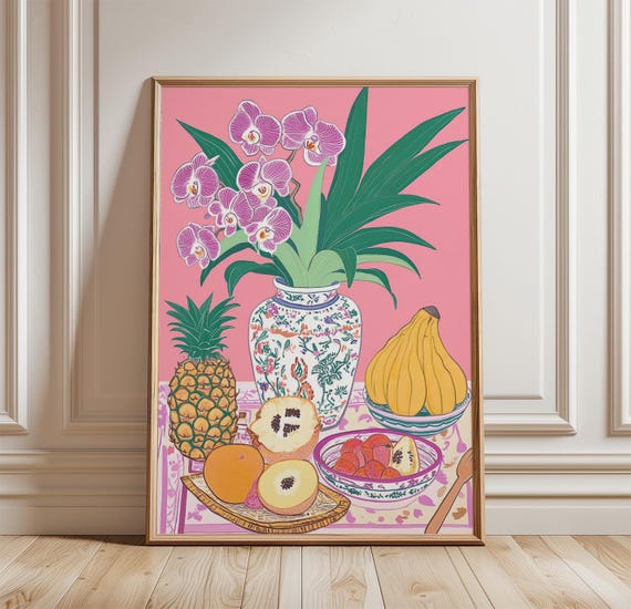 Tropical Fruit Poster Botanical Still Life Wall Art Pink Kitchen Decor Print Pineapple Banana Artwork Colorful Floral Illustration