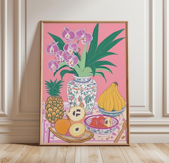 Tropical Fruit Still Life Orchids Pineapple Banana Pink Kitchen Art Poster