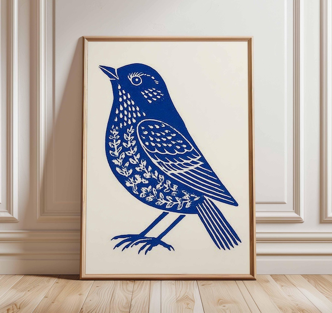 Blue Bird Scandinavian Folk Art Poster Print