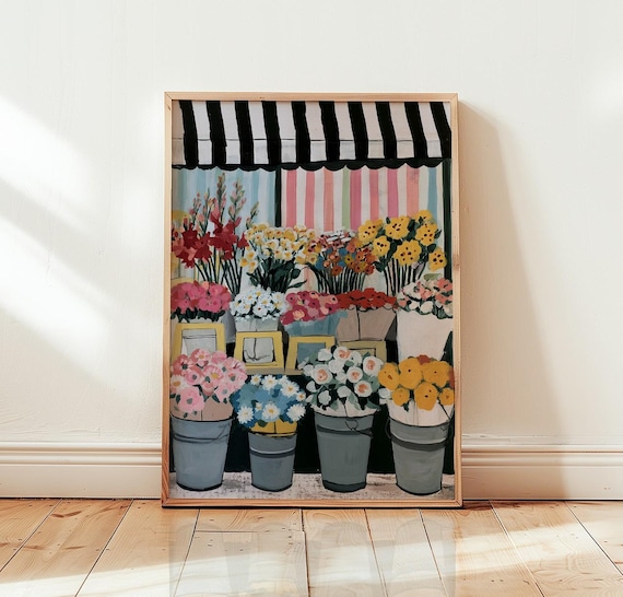 Charming Flower Shop Storefront With Striped Awning Art Poster
