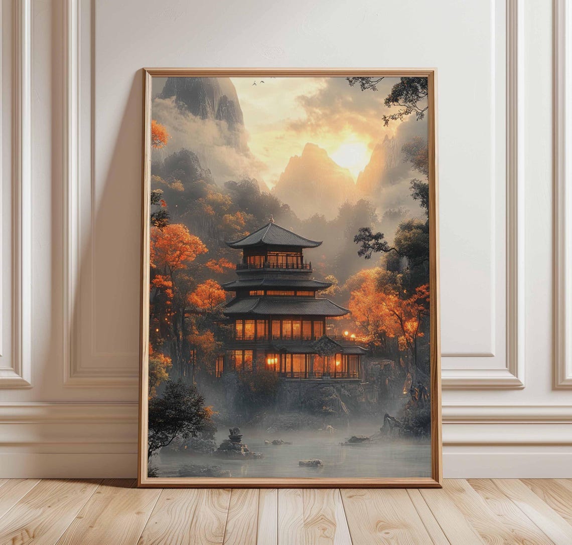 Japanese Pagoda Autumn Sunset Mountain Landscape Pagoda Art Poster