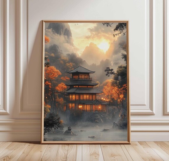 Japanese Pagoda Autumn Sunset Mountain Landscape Pagoda Art Poster