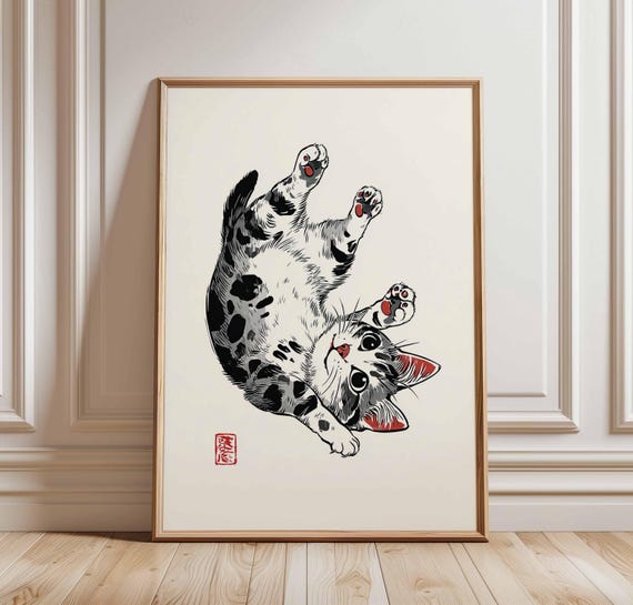 Japanese Cat Poster Playful Wall Art Print Traditional Ukiyoe Style Decor Cute Feline Illustration Asian Animal Gift