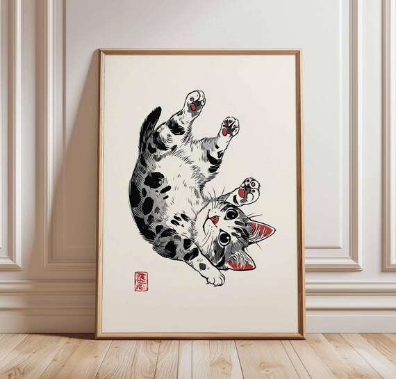 Playful Kitten Rolling on Its Back Japanese Ukiyo-e Style Poster