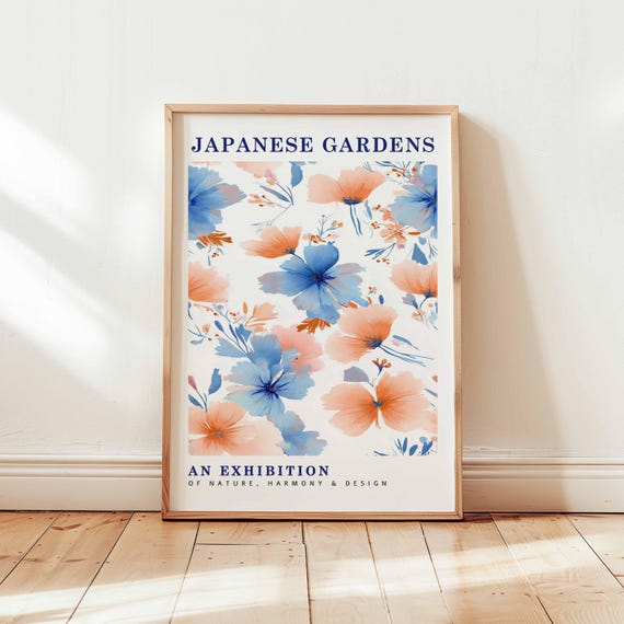 Japanese Gardens Exhibition Blue Peach Floral Poster Harmony And Design