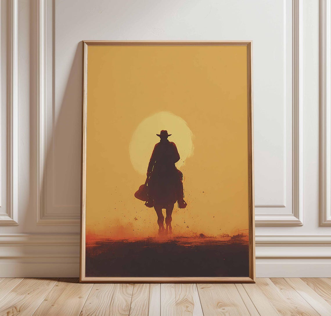 Lone Cowboy Rider Under Giant Sun Amber Desert Silhouette Poster