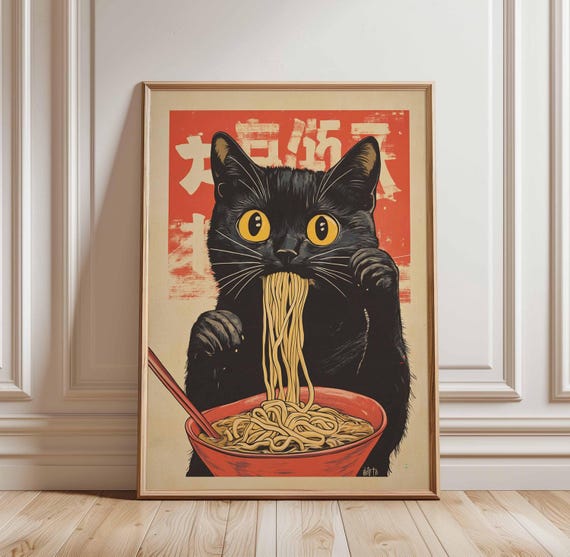 Cute Cat Noodle Print Black Ramen Poster Japanese Food Art Kawaii Asian Wall Decor Bowl Kitchen