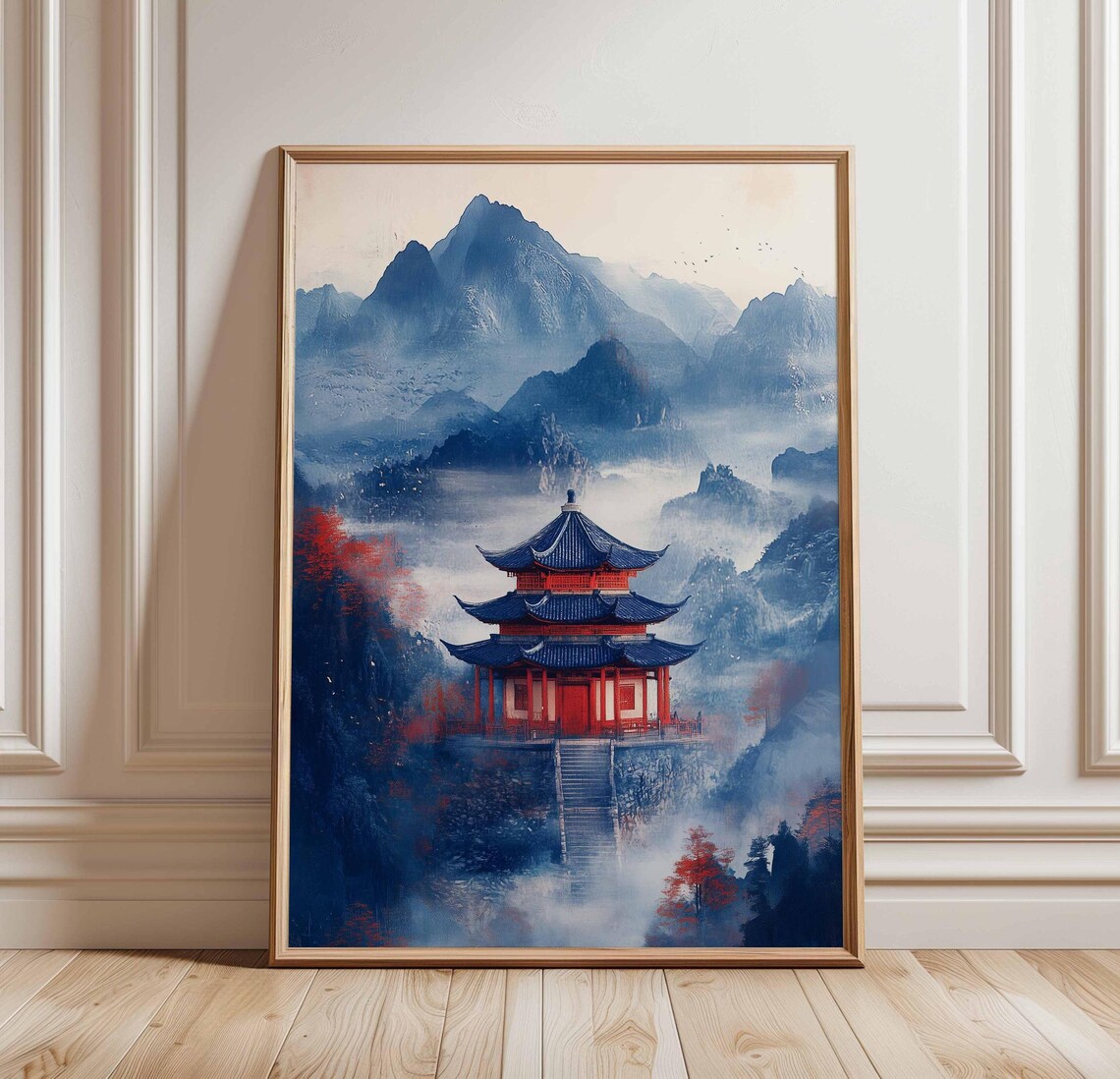 Red Pagoda Temple In Misty Blue Mountains Autumn Ink Wash Poster