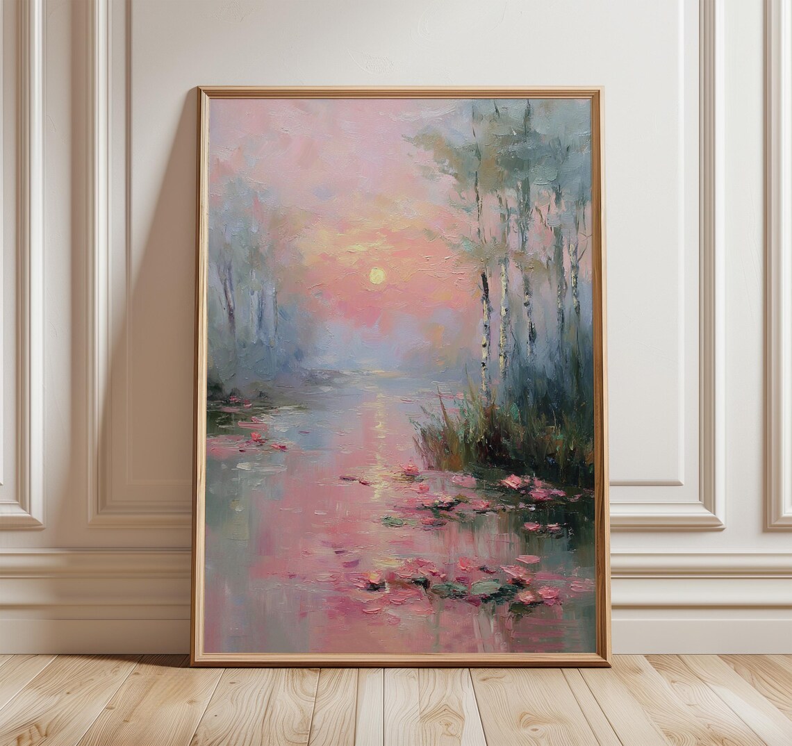 Pink Sunset Landscape, Impressionist Poster Print