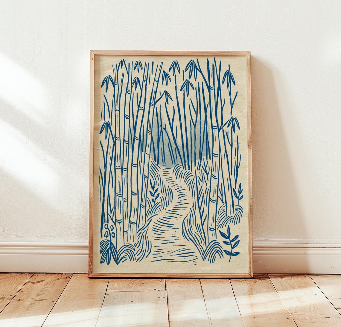 Bamboo Forest Blue Woodcut Art Print