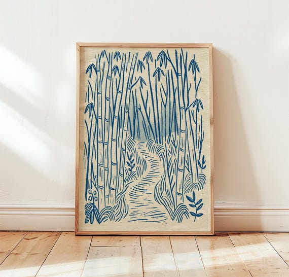 Bamboo Forest Blue Woodcut Art Print