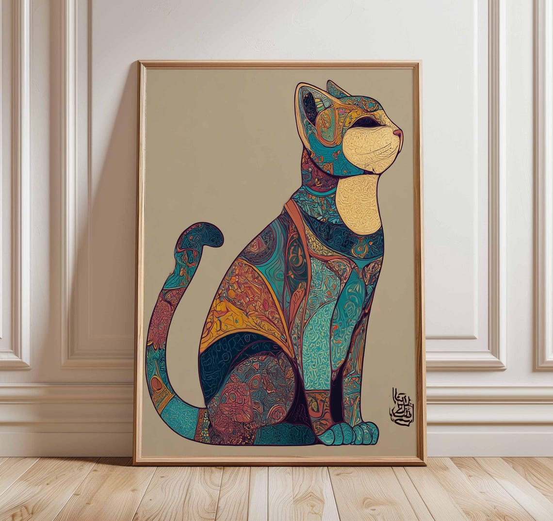 Ornate Mosaic Cat Colorful Patterned Feline Boho Art Wall Print