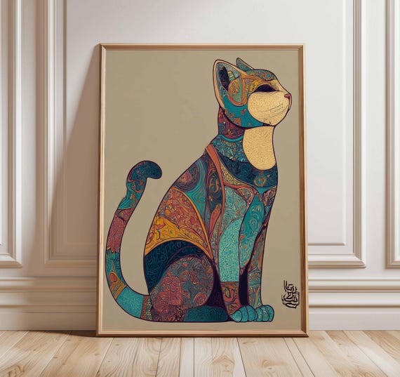 Colorful Abstract Cat Poster Bohemian Style Feline Wall Art Intricate Pattern Print For Living Room Or Bedroom Decor