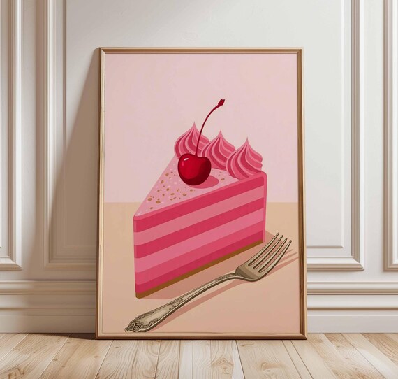 Pink Cherry Cake Slice With Fork Sweet Dessert Pop Art Poster