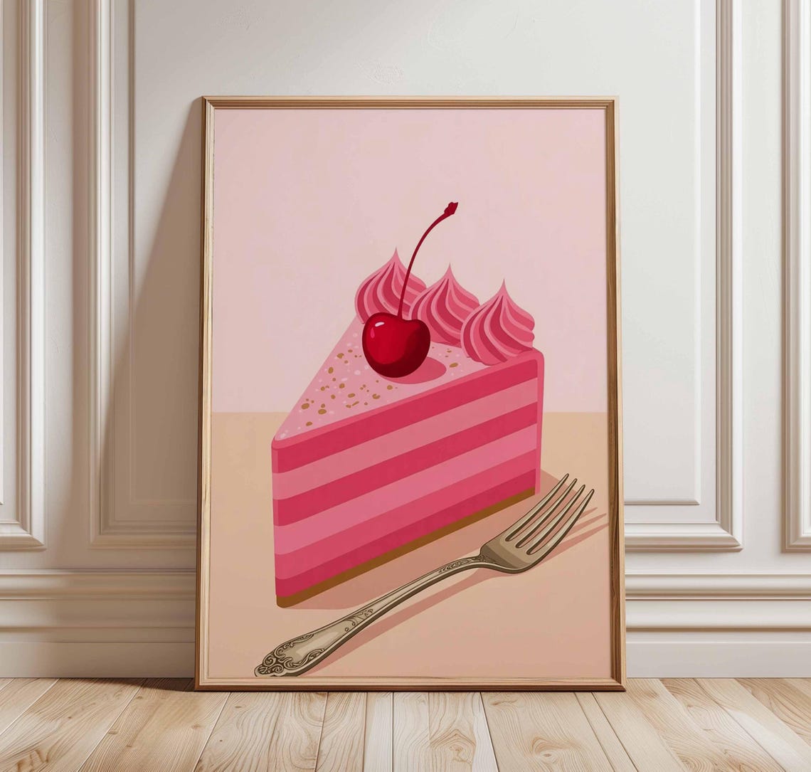 Pink Cherry Cake Slice With Fork Sweet Dessert Pop Art Poster