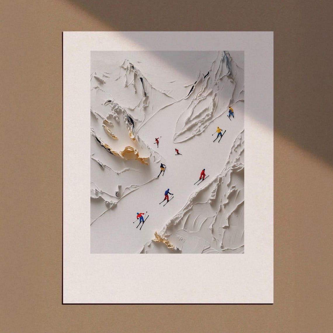 Tiny Skiers Textured White Snowy Mountain Winter Impasto Poster
