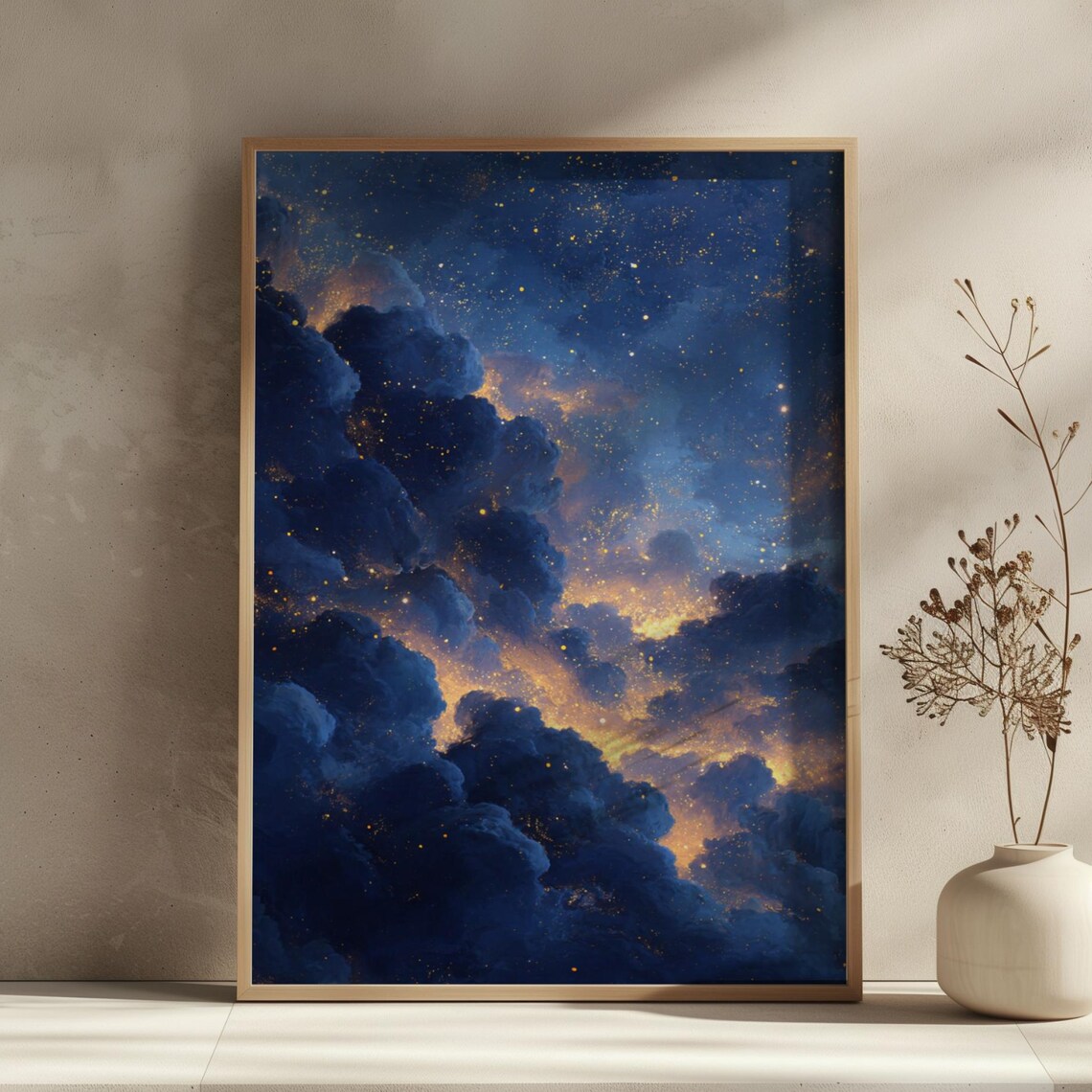 Midnight Blue Clouds Golden Stars Celestial Night Sky Poster