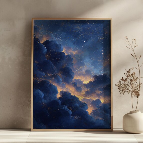 Dark Academia Celestial Wall Art Print Moody Starry Night Sky Poster Blue And Gold Bedroom Decor Astronomy