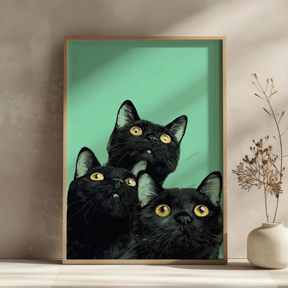 Three Black Cats With Bright Golden Eyes Teal Background Wall Art