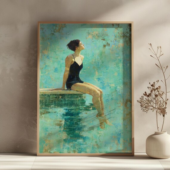 Vintage Poolside Woman Wall Art Retro Swimsuit Painting Summer Relaxation Print Mid Century Style Home Decor