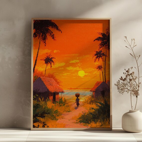 African Village Sunset Palm Trees Painting Warm Orange Sky Poster