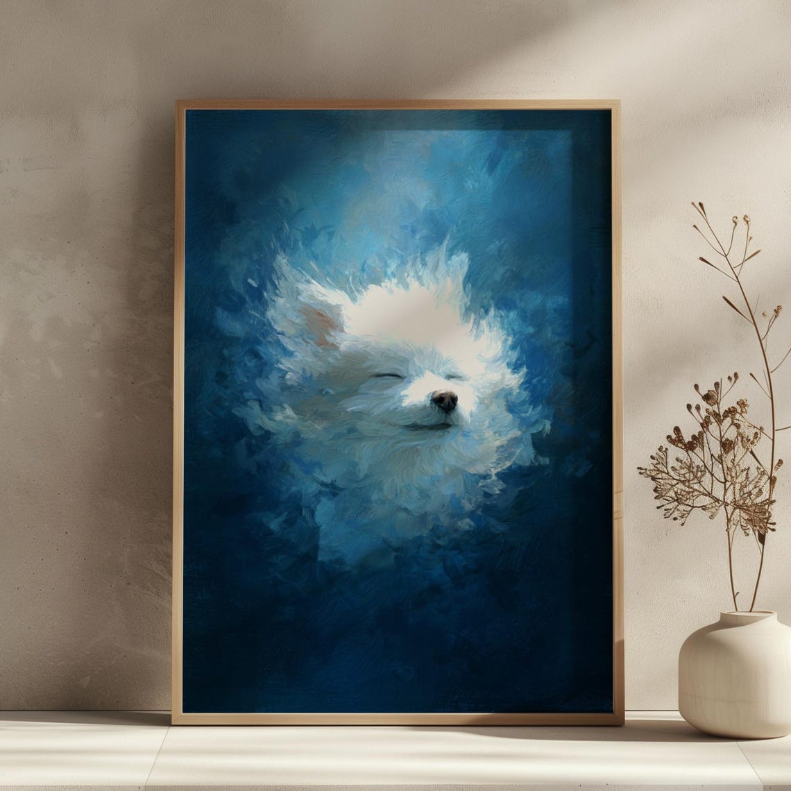 White Fluffy Dog Emerging from Moody Blue Abstract Portrait Poster