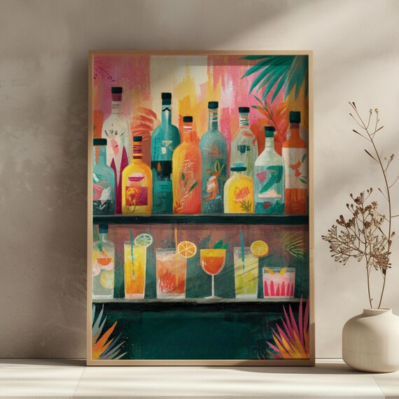 Colorful Cocktail Bar Bottles Bright Vibrant Tropical Party Wall Art