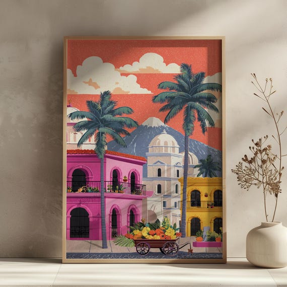 Colorful Latin Street Wall Art Print Tropical Poster With Palm Trees Volcano Colonial Architecture And Fruit Market Scene