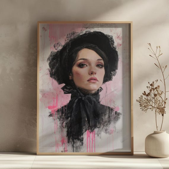Victorian Woman Quirky Art Print Pink Portrait Wall Decor Alternative Bathroom Artwork Funny Eclectic Home Poster Unique Weird