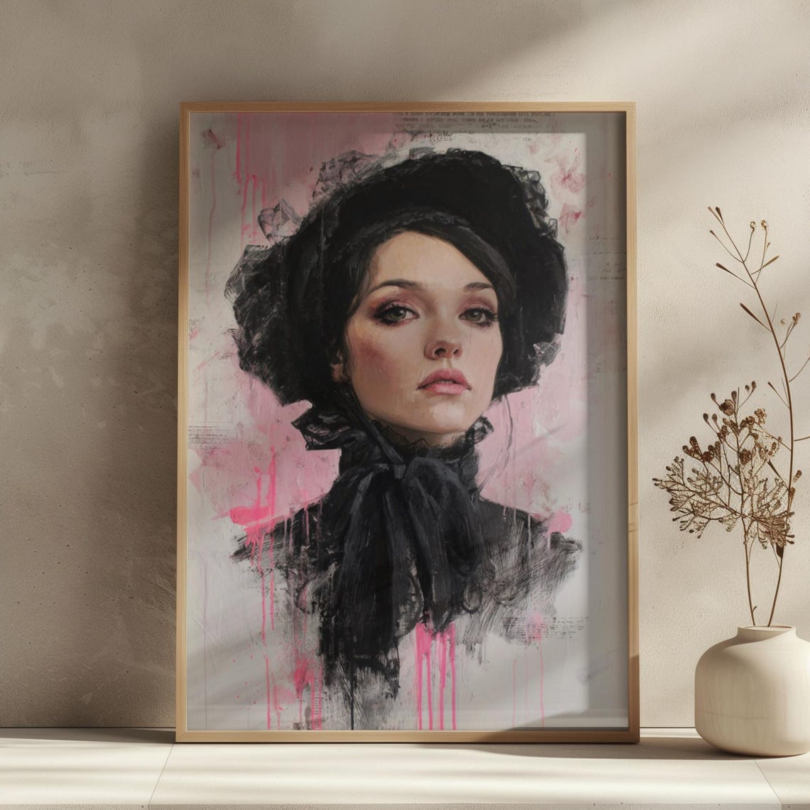 Victorian Woman Pink Background Dramatic Portrait Art Poster