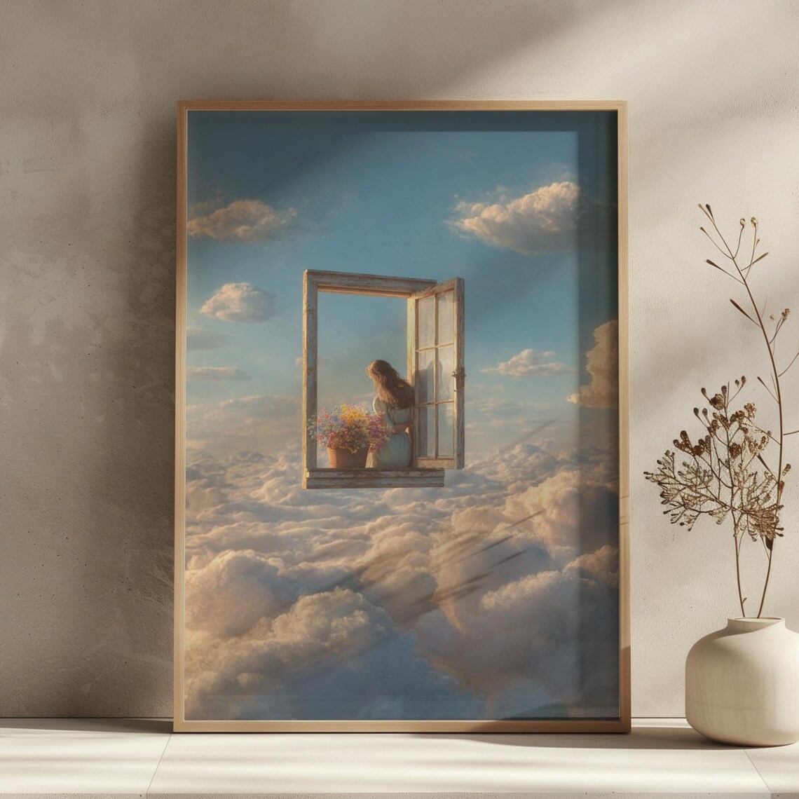 Surreal Window Above Clouds Woman Flowers Dreamlike Collage Poster