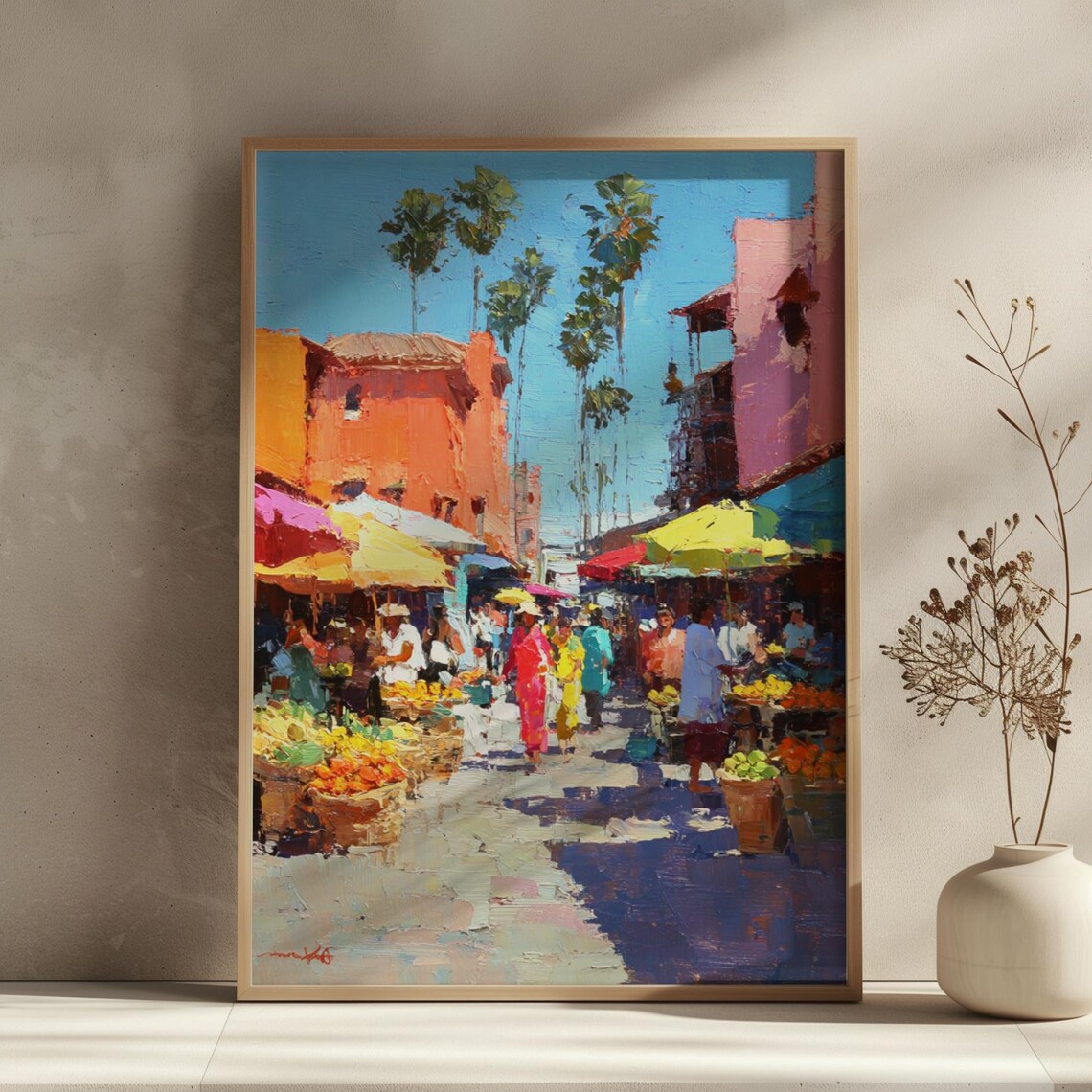 Vibrant African Street Market Painting Colorful Stalls Palms Poster