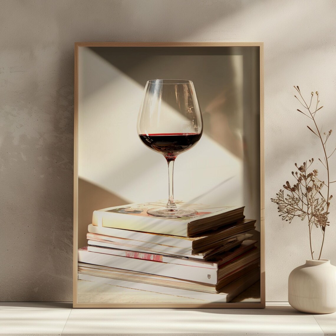 Red Wine Glass On Stack Of Books Cozy Warm Minimalist Wall Art