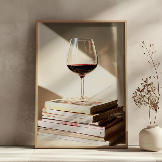 Red Wine Glass On Stack Of Books Cozy Warm Minimalist Wall Art