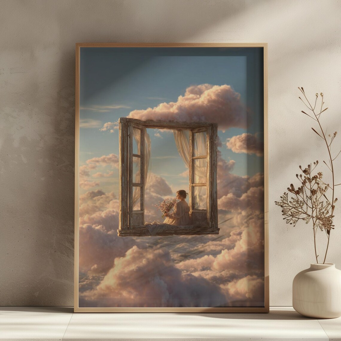 Dreamy Woman at Floating Window Above Sunset Clouds Surreal Poster