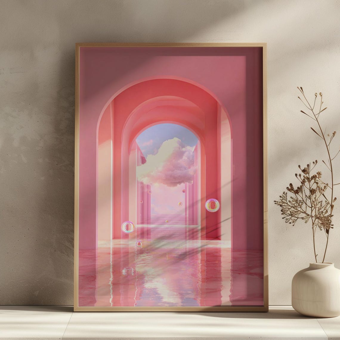 Surreal Abstract Wall Art Print Pink Cloud Dreamy Landscape Poster Eclectic Modern Surrealism Decor Artwork For Home Office